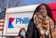 Woman speaking to supporters